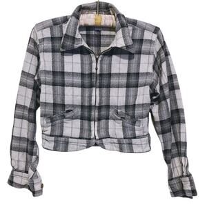 Vintage Y2K Angelique Plaid Cropped Zip Jacket M Gray 90s Grunge Indie Sleaze
